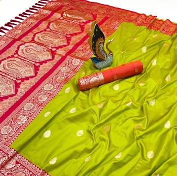 parrot green banarasi silk saree with zari weaving work 3