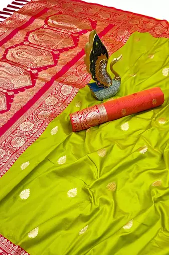parrot green banarasi silk saree with zari weaving work