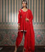 Red embroidered silk blend kurta set