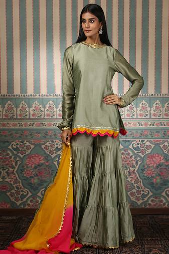Green plain silk blend gharara set