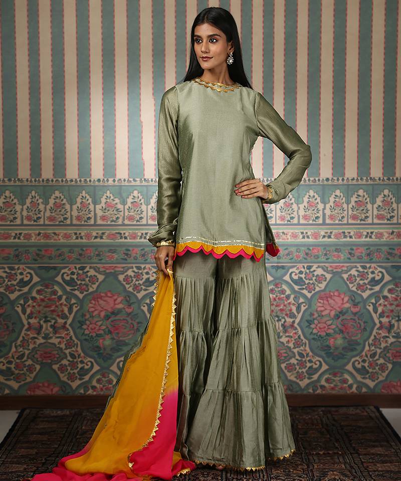 Green plain silk blend gharara set