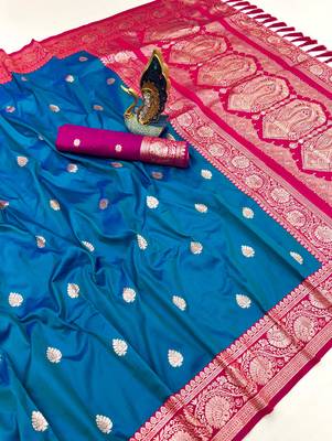 blue banarasi silk saree with zari weaving work 1