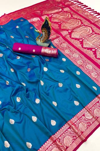 blue banarasi silk saree with zari weaving work