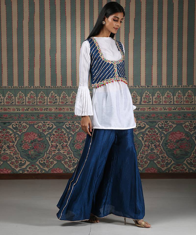White plain silk blend gharara set
