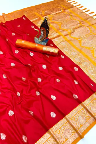 red banarasi silk saree with zari weaving work