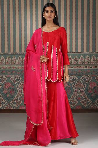 Red embroidered silk blend sharara set