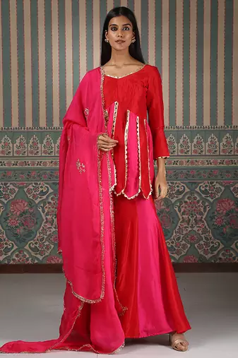 Red embroidered silk blend sharara set