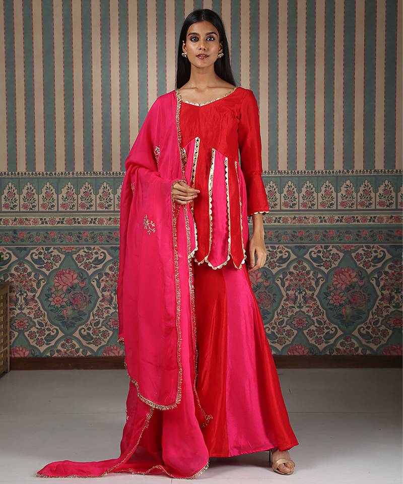 Red embroidered silk blend sharara set