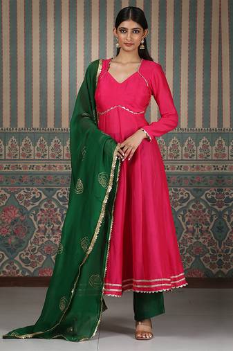 Pink embroidered silk blend anarkali set