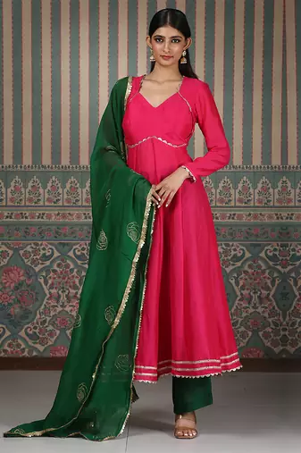 Pink embroidered silk blend anarkali set