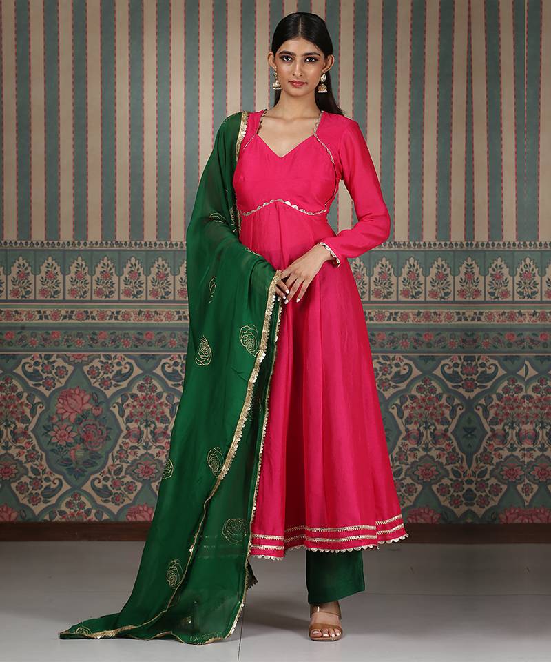 Pink embroidered silk blend anarkali set