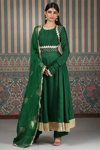 Green embroidered silk blend anarkali set