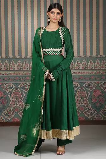 Green embroidered silk blend anarkali set