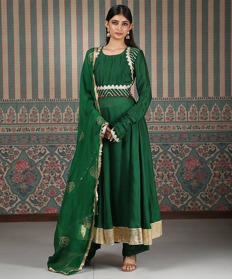 Green embroidered silk blend anarkali set