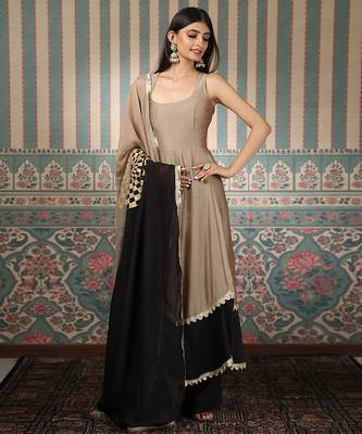 Beige and green embroidered anarkali set 1