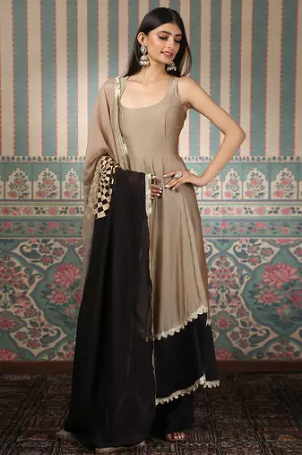 Beige and green embroidered silk blend anarkali set
