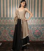 Beige and green embroidered silk blend anarkali set
