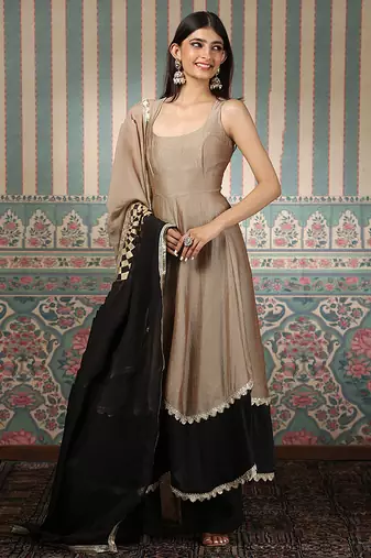 Beige and green embroidered anarkali set