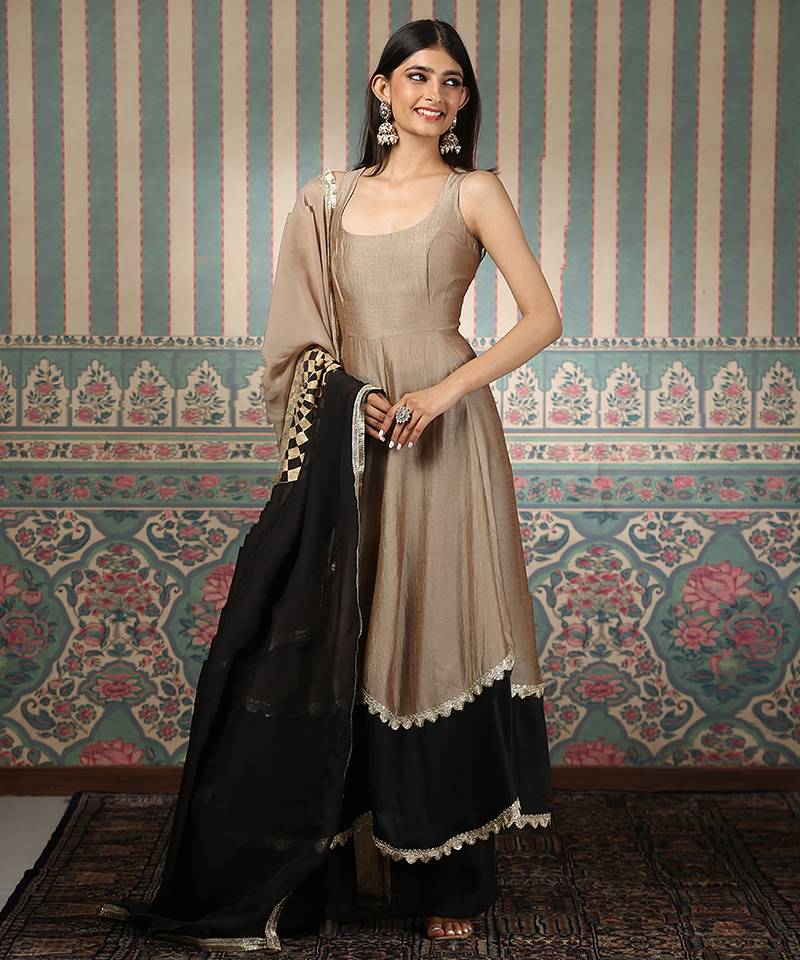 Beige and green embroidered silk blend anarkali set
