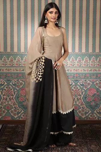 Beige and green embroidered anarkali set