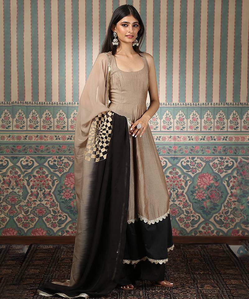 Beige and green embroidered silk blend anarkali set