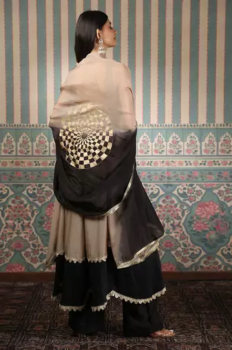 Beige and green embroidered anarkali set