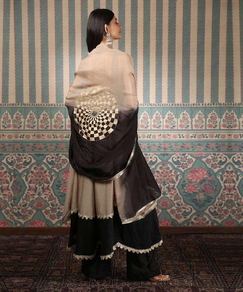 Beige and green embroidered silk blend anarkali set