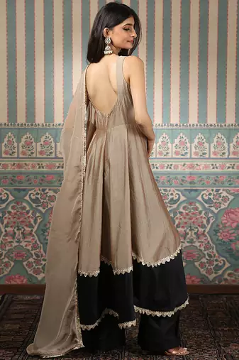 Beige and green embroidered anarkali set