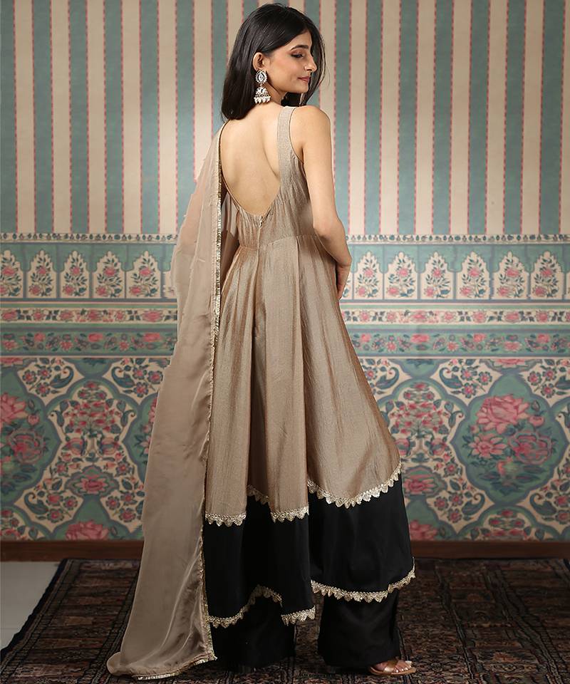 Beige and green embroidered silk blend anarkali set