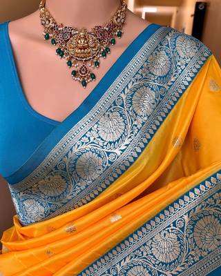 mustard yellow banarasi silk saree with zari weaving work 2