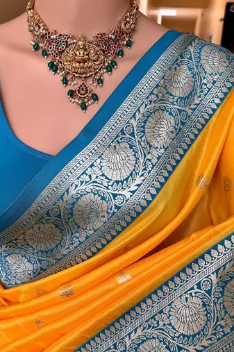 mustard yellow banarasi silk saree with zari weaving work
