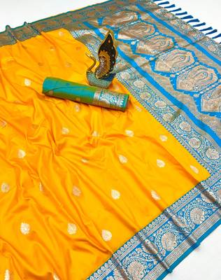 mustard yellow banarasi silk saree with zari weaving work 1