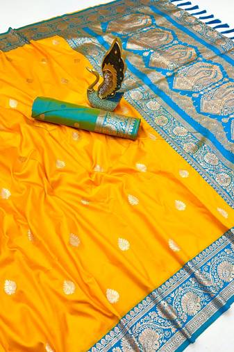 mustard yellow banarasi silk saree with zari weaving work