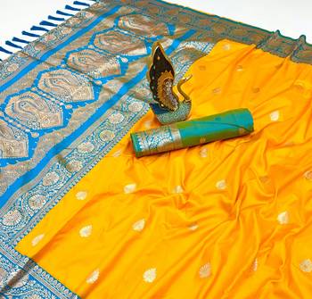 mustard yellow banarasi silk saree with zari weaving work 3