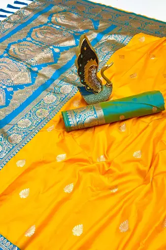 mustard yellow banarasi silk saree with zari weaving work