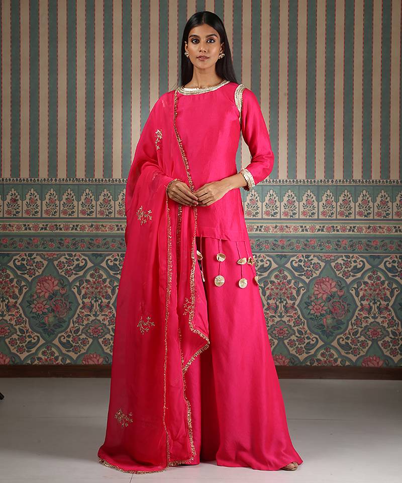 Pink embroidered silk blend sharara set