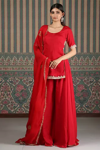 Red embroidered silk blend sharara set
