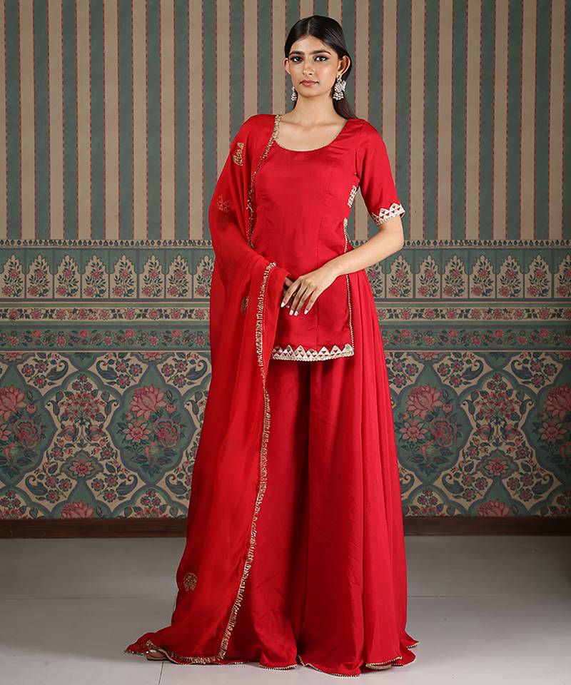 Red embroidered silk blend sharara set