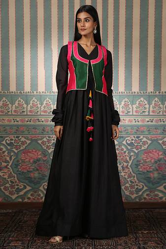Black gown with multicolour jacket
