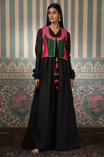 Black gown with multicolour jacket