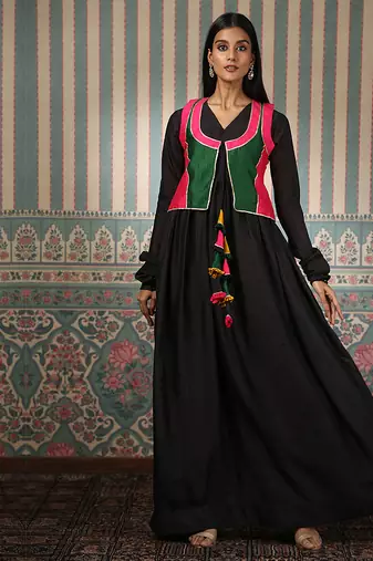 Black gown with multicolour jacket