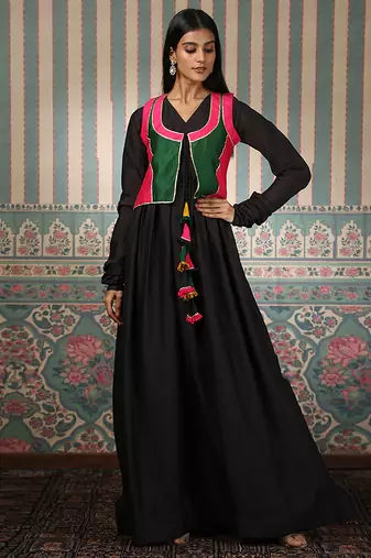 Black gown with multicolour jacket