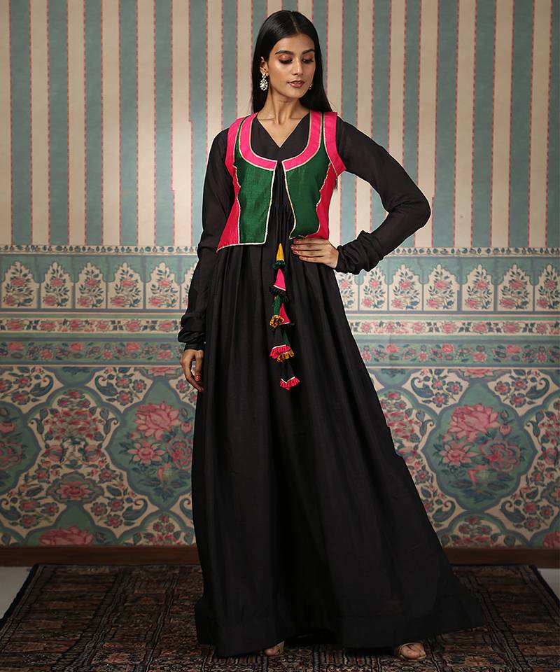 Black gown with multicolour jacket