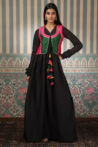 Black gown with multicolour jacket
