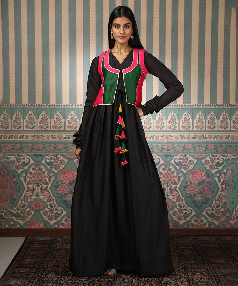 Black gown with multicolour jacket