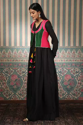 Black gown with multicolour jacket