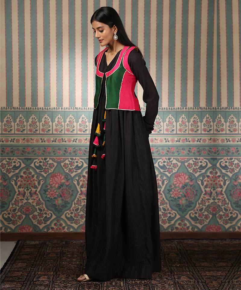 Black gown with multicolour jacket