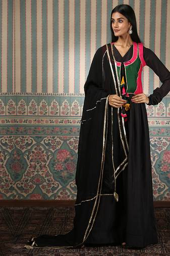 Black gown with multicolour jacket and dupatta