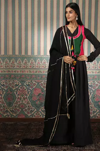Black gown with multicolour jacket and dupatta