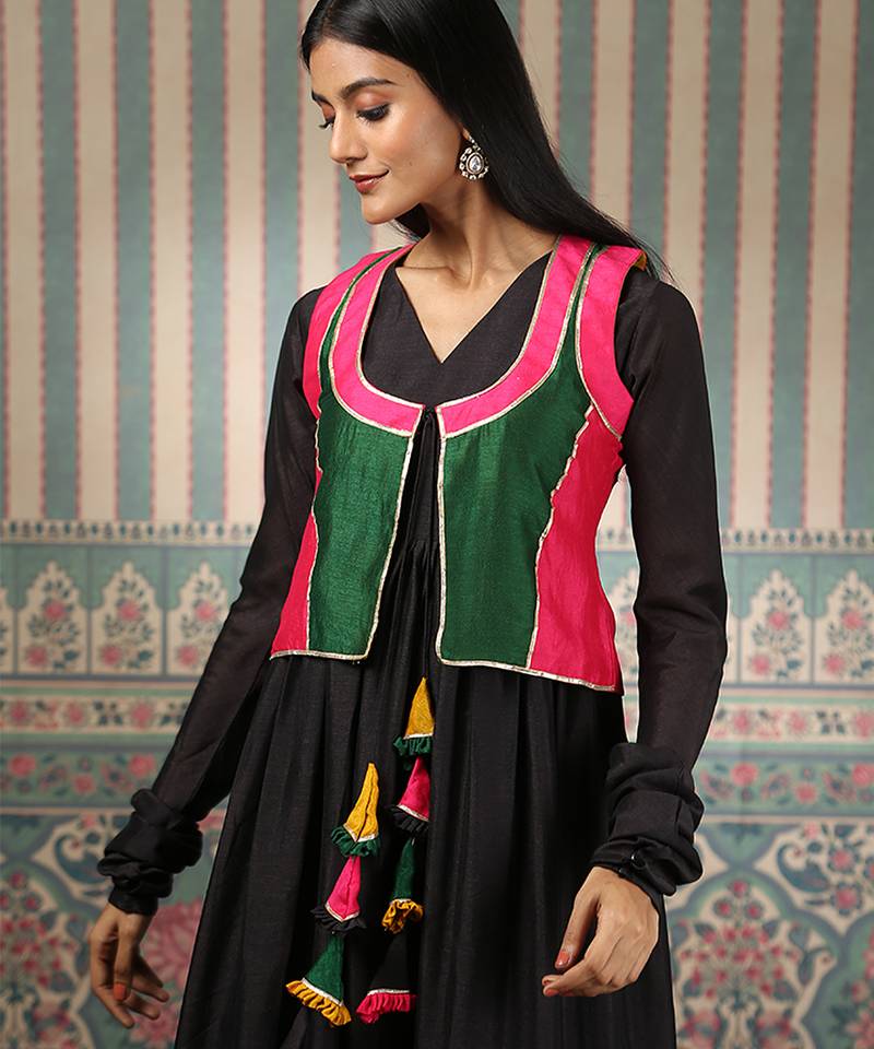 Black gown with multicolour jacket and dupatta